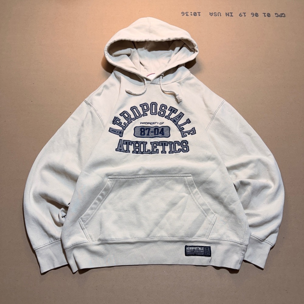 Vintage Aeropostale Athletics Hoodie Small Cream Good Varsity Graphic Pullover